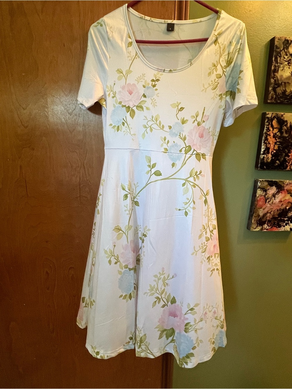 Floral Short-Sleeve A-Line Dress in White with Pastel Roses